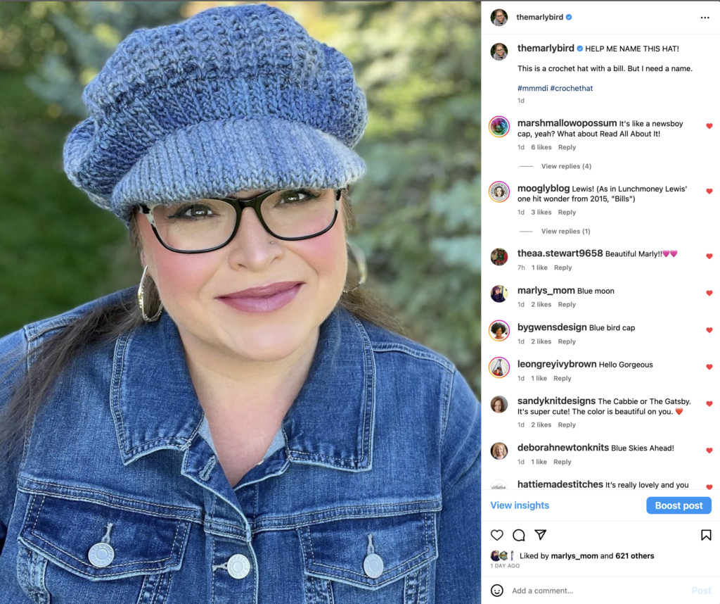 Screenshot of the Instagram post by Marly Bird asking for help to name the hat. In the post is the image of Marly wearing the blue newsboy style crochet hat.